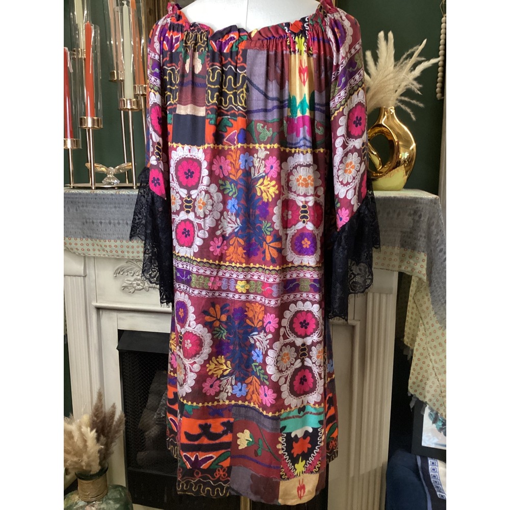 Ivy Jane Patchwork Print Lace Trim Bell Sleeve Boho Tunic Dress Small 740306 - Picture 3 of 5